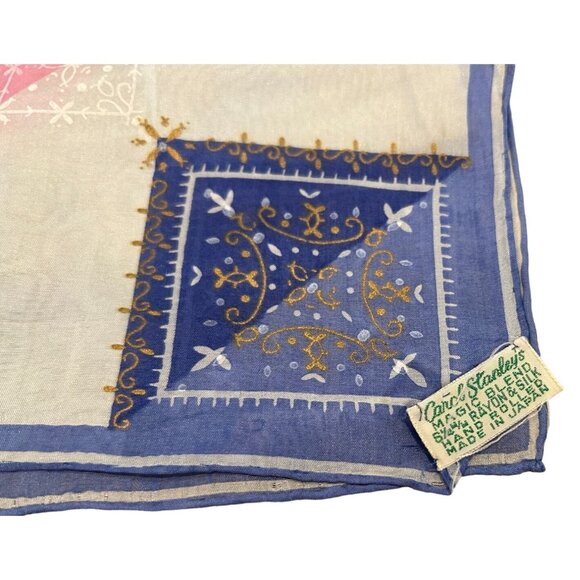 Vintage Carol Stanley's Magic Blend Hand Rolled Rayon/Silk Pink Blue Japan Scarf - Picture 5 of 5